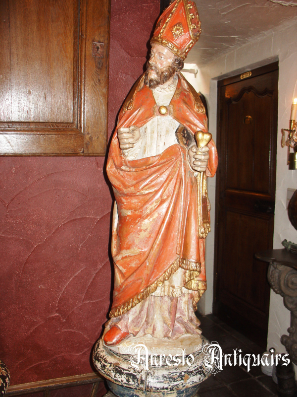Ref. 32 – Antieke eikenhouten bisschop beeld, oude houten bisschop