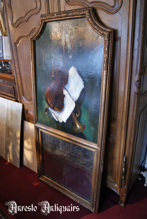 Ref. 09 – Antieke schouw spiegel met schilderij, oude wand spiegel met schilderij