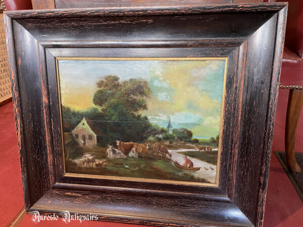 Ref. 08 – Antiek 17de eeuws landschapsschilderij met koeien foto 1